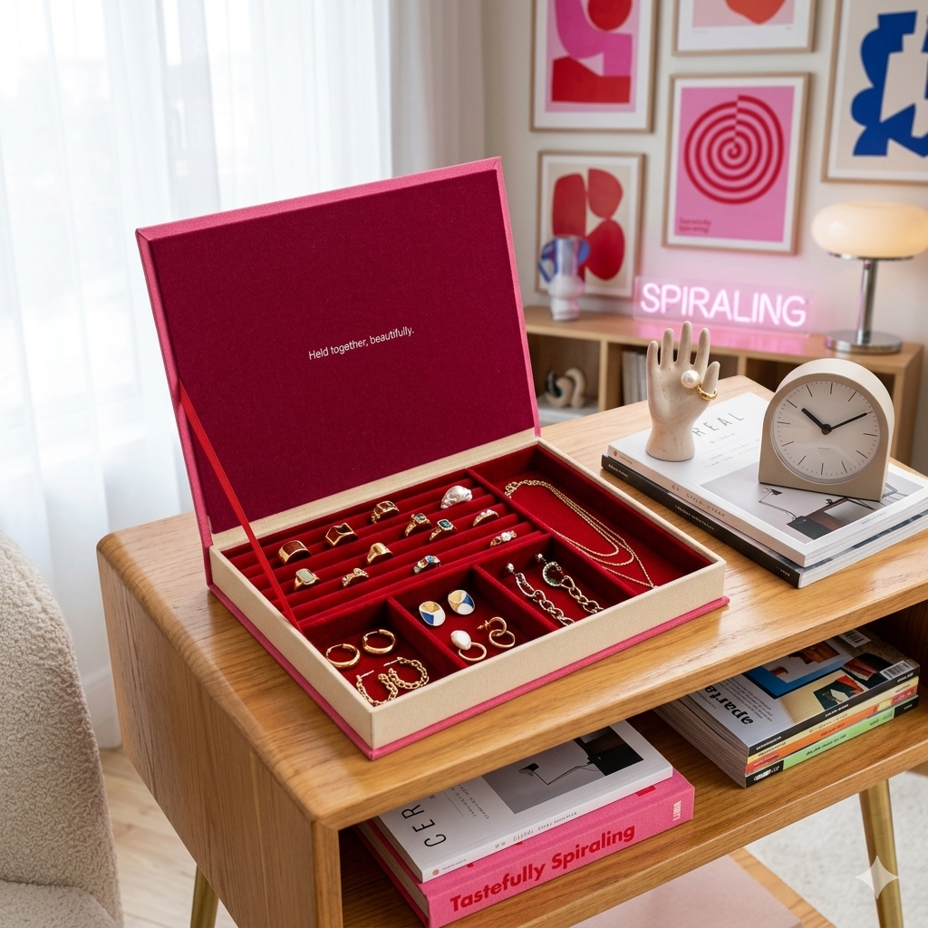 Pink jewelry box on a wooden table with books and decor in the background