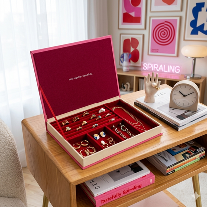 Pink jewelry box on a wooden table with books and decor in the background